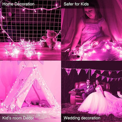 JMEXSUSS Connectable 100 LED Room Lights, 33ft 8 Modes Pink Christmas Lights Clear Wire, Plug in Pink String Lights Indoor Outdoor for Room Decor Christmas Tree Bedroom Valentines Party