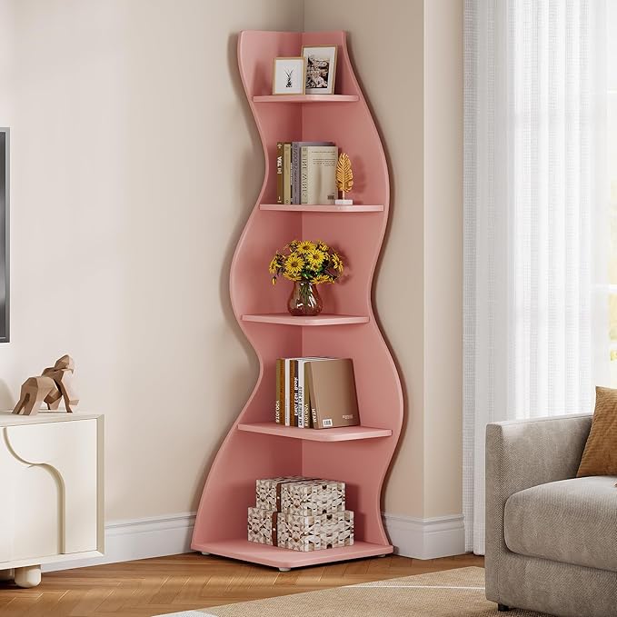 Tribesigns Wavy Corner Shelf, Modern 5-Tier Bookshelf Bookcase with Curvy Shape, Unique Plant Stand Display Rack for Living Room Small Space (Pink)