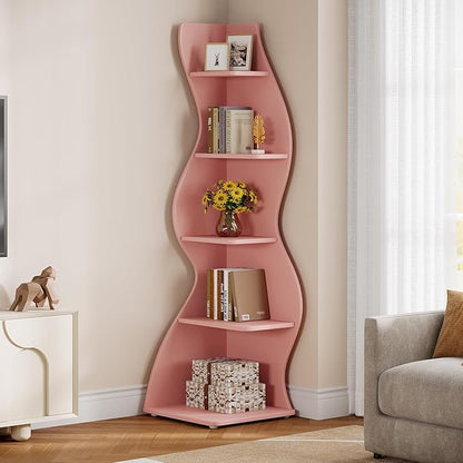 Tribesigns Wavy Corner Shelf, Modern 5-Tier Bookshelf Bookcase with Curvy Shape, Unique Plant Stand Display Rack for Living Room Small Space (Pink)