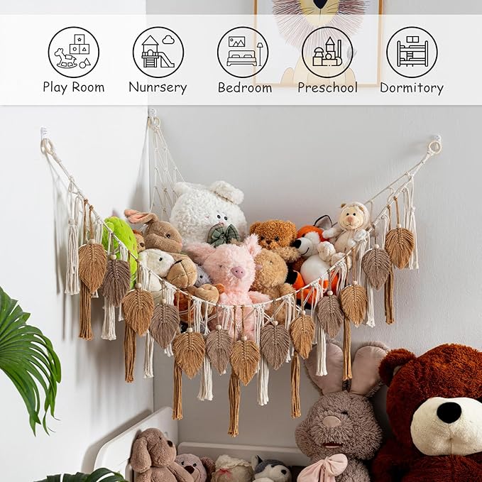 Pretty Jolly Stuffed Animal Storage with Hand Woven Leaf Tassels Hammock Corner Hanging Net Boho Macrame Plush Storage for Kid Room Nursery Decor Wall Display for Girls Gift(Coffee)