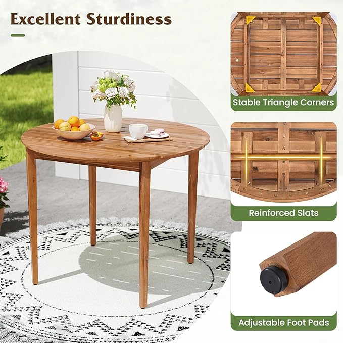 Tangkula Round Outdoor Dining Table for 4 People, 36 inch Acacia Wood Patio Table with Slatted Tabletop, Indoor Outdoor Farmhouse Bistro Table for Yard, Garden, Poolside, Deck