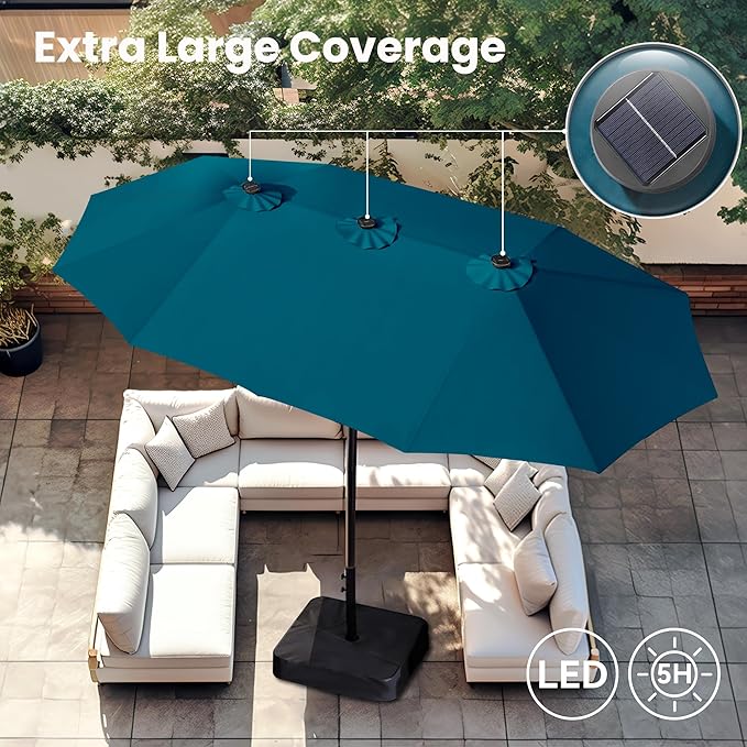 PHI VILLA 15ft Large Patio Umbrella with Solar Lights, Double-Sided Outdoor Market Rectangle Umbrellas with 36 LED Lights, Umbrella Base (Stand) Included, Cyan