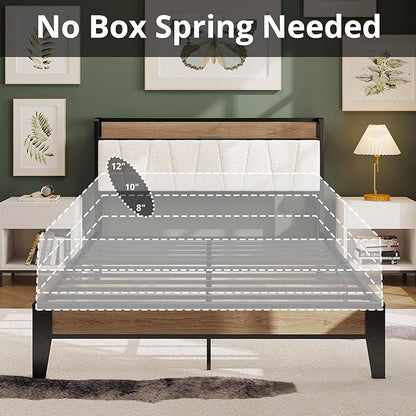 LIKIMIO Full Bed Frames, Storage Headboard with Charging Station, Solid and Stable, Noise Free, No Box Spring Needed, Easy Assembly, Wood and Cream