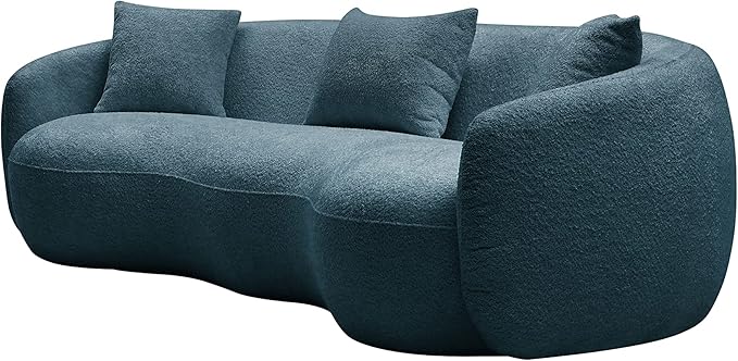 KEIKI 94" Boucle Half Moon Curved Sectional Sofa with 3 Throw Pillows, Modern Style 4-Seater Teddy Fleece Leisure Couch with Curved Backrest, Easy Assembly, for Living Room, Bedroom, Blue