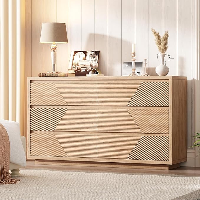 55.12" Modern Chest of Drawer, 6 Deep Drawers,Clothes Organizer,Large Storage Cabinet for Living Room, Bedroom,Dresser TV Stand, Wood Drawer Organizer for Living Room, Hallway, Natural Wood