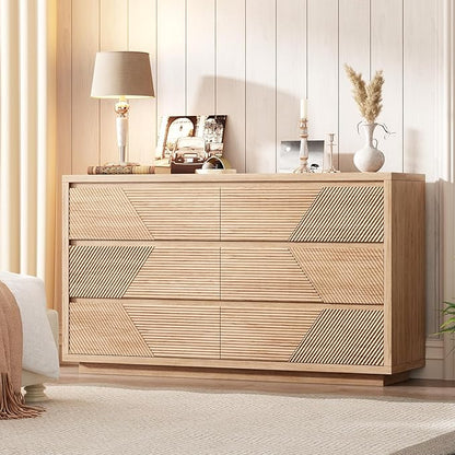 55.12" Modern Chest of Drawer, 6 Deep Drawers,Clothes Organizer,Large Storage Cabinet for Living Room, Bedroom,Dresser TV Stand, Wood Drawer Organizer for Living Room, Hallway, Natural Wood