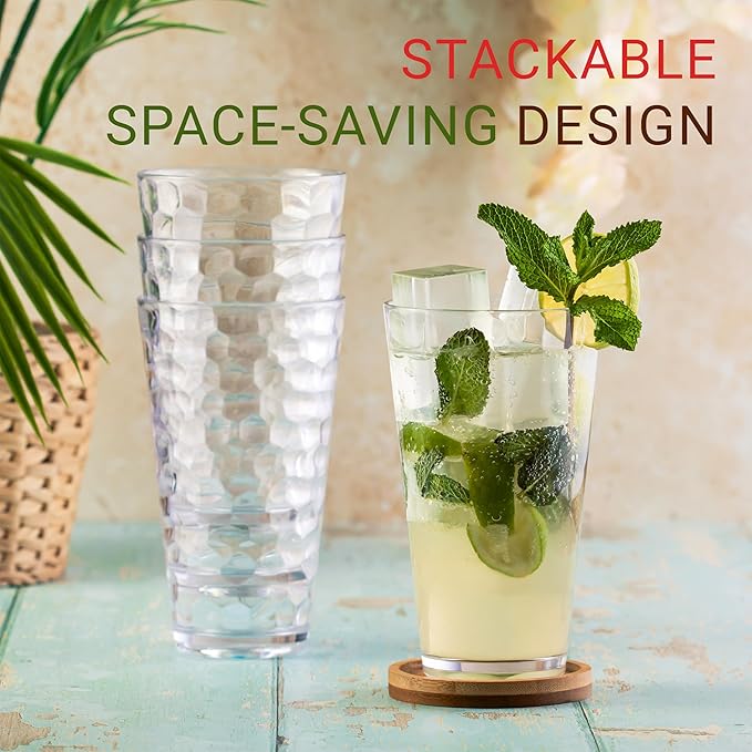 Hammered Plastic Drinking High Tumbler, Dishwasher-Safe Premium Quality Glasses, BPA-Free Reusable Outdoor Cups, 22 oz Set of 6