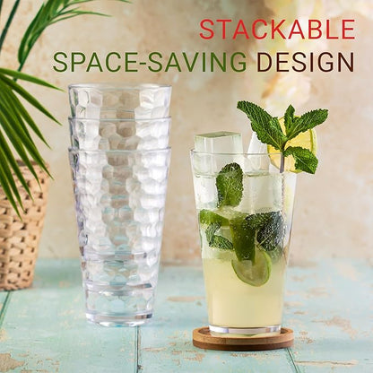 Hammered Plastic Drinking High Tumbler, Dishwasher-Safe Premium Quality Glasses, BPA-Free Reusable Outdoor Cups, 22 oz Set of 6