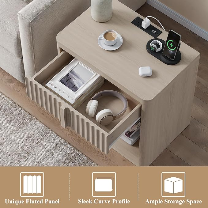 Fluted Nightstand with Charging Station, 23.6" End Table with Solid Wood Handle,Night Stand with Curved Profile Design, Mid Century Moden Bedside Table for Bedroom, Living Room, White Alder
