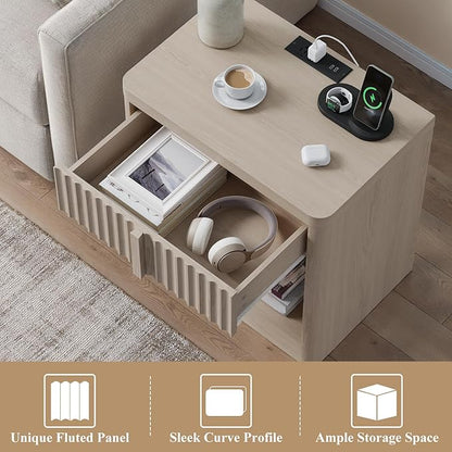Fluted Nightstand with Charging Station, 23.6" End Table with Solid Wood Handle,Night Stand with Curved Profile Design, Mid Century Moden Bedside Table for Bedroom, Living Room, White Alder