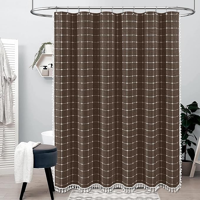 BTTN 60 Inch Stall Shower Curtain - Boho Farmhouse Linen Weighted Fabric Cloth Shower Curtain Set with 10 Plastic Hooks, Narrow Bohemian Country Decorative Shower Curtains for Bathroom - 60x72 - Brown