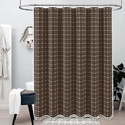 BTTN 60 Inch Stall Shower Curtain - Boho Farmhouse Linen Weighted Fabric Cloth Shower Curtain Set with 10 Plastic Hooks, Narrow Bohemian Country Decorative Shower Curtains for Bathroom - 60x72 - Brown