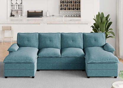 Meilocar U Shaped Sectional Sofa 110" 4 Seat Large Cloud Couch with Wide Chaise Double Cushions, Striped Blue