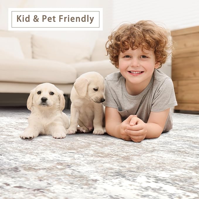 Modern Washable Rugs 9x12 Area Rugs for Living Room,Abstract Rugs for Bedroom,Large Carpets,Ultra Soft Faux Wool Retro Dining Room Rug,Non Slip&Non-Shedding Low Pile Print Rug- Beige Grey