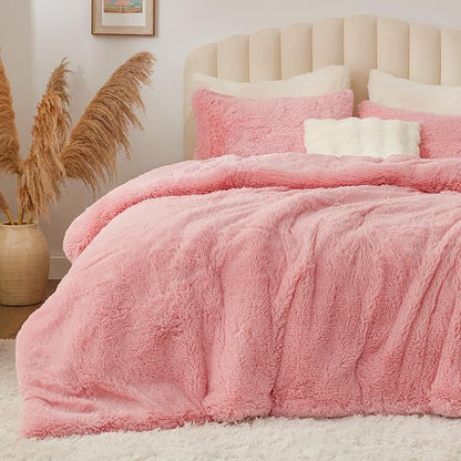 BEDELITE Pink Fluffy Comforter Set King Size, Fuzzy Faux Fur Comforter Bedding Set, 3Pieces Soft Warm Shaggy Bed Set (1 Comforter & 2 Pillowcases) as Gifts for Women