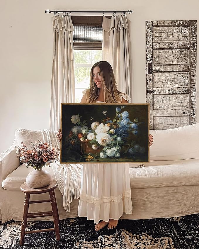 ARPEOTCY Vintage Framed Canvas Wall Art, Bathroom Hydrangea Peonies Floral Pictures Retro Wall Decor, Large Prints, Bedroom Living Room Flower Paintings Farmhouse Moody Home Decorations, 24x36 Inch