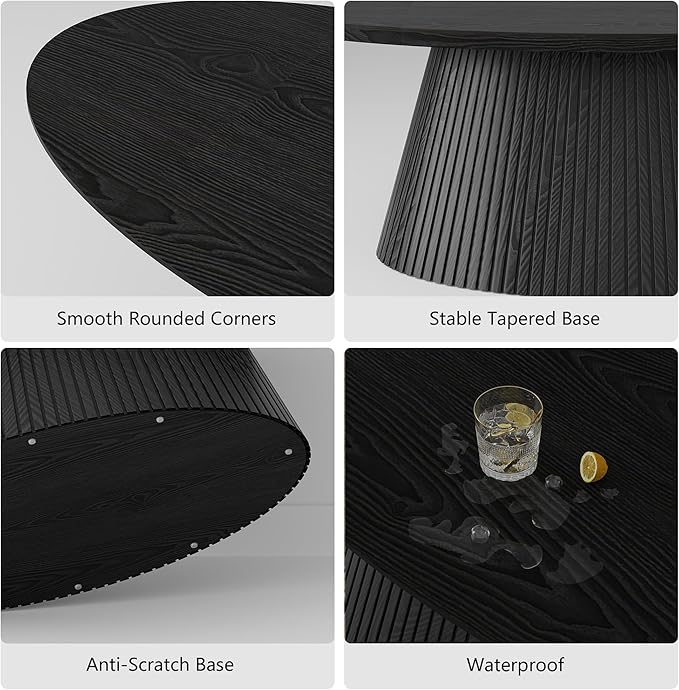 win2win Oval Coffee Table, Modern Coffee Table with Fluted Design, Minimalist Tea Table with Wood Grain Veneer, Small Funky Center Table for Living Room, Apartment, Office, Black