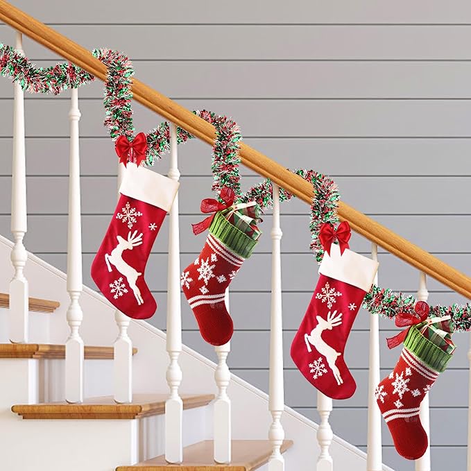 50 FT Christmas Tinsel Garland Christmas Decorations for Xmas Tree Decor Metallic Twist Shiny Hanging Garlands for Tree Mantel Stairs Fireplace Home Indoor Holiday Party Supplies (Red Green Silver)