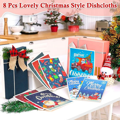 Christmas Swedish Dishcloths Set of 8 Reusable Holiday Kitchen Dish Towels