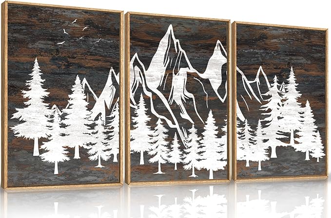 HOURIA Large Wilderness Rustic Mountain Forest Framed Wall Art Set,Retro Woodland Wall Decor,Nature Country Wooden Artwork,Brown White Pine Tree Landscape Art Print for Living Room,Bedroom- 16"x24"x3