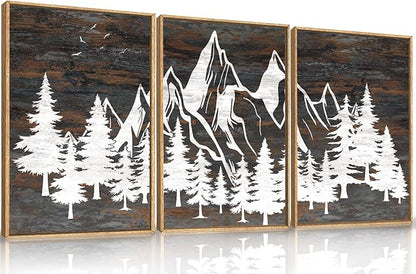 HOURIA Large Wilderness Rustic Mountain Forest Framed Wall Art Set,Retro Woodland Wall Decor,Nature Country Wooden Artwork,Brown White Pine Tree Landscape Art Print for Living Room,Bedroom- 16"x24"x3