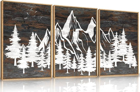 HOURIA Large Wilderness Rustic Mountain Forest Framed Wall Art Set,Retro Woodland Wall Decor,Nature Country Wooden Artwork,Brown White Pine Tree Landscape Art Print for Living Room,Bedroom- 16"x24"x3