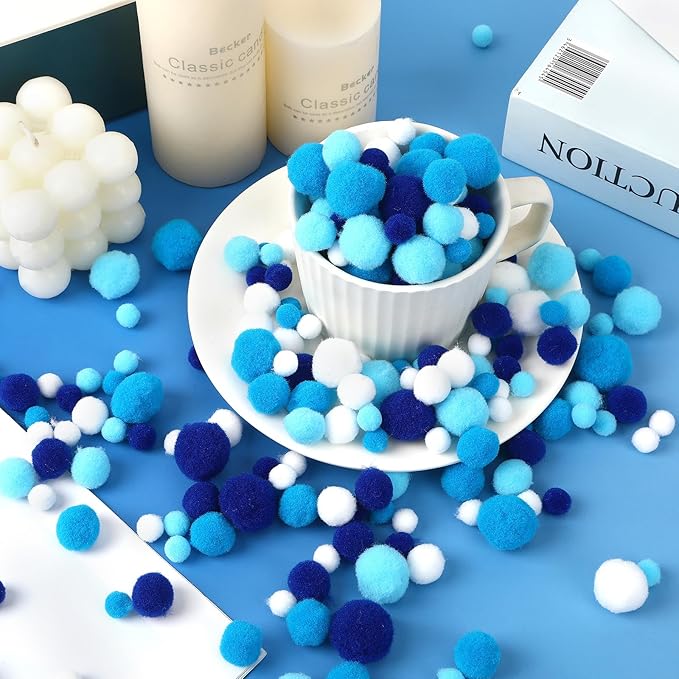 UPINS Blue Pom Poms Balls, 600 Pieces Pom Poms Mixed Sizes Pompoms for Chanukah Christmas Winter Summer Holiday Party Crafts Making DIY Holiday Decorations Supplies (4 Colors,3 Size)