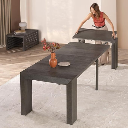 Transformer Expandable Dining Table for 2 to 12 with Coffee Table Panel Storage – Solid Wood Space-Saving Adjustable Dining Furniture (Dark Grey, Table + Coffee Table)