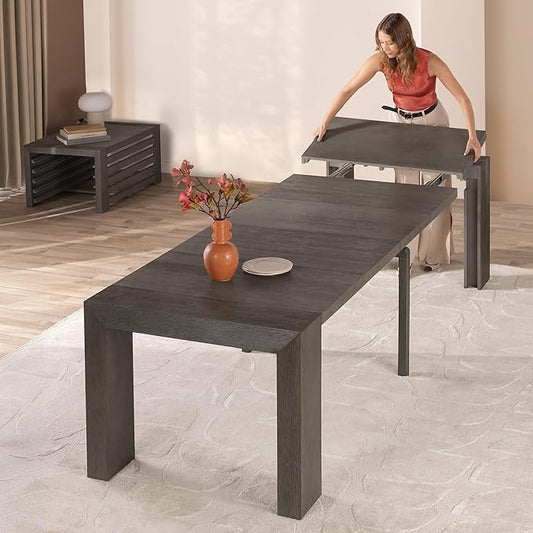 Transformer Expandable Dining Table for 2 to 12 with Coffee Table Panel Storage – Solid Wood Space-Saving Adjustable Dining Furniture (Dark Grey, Table + Coffee Table)