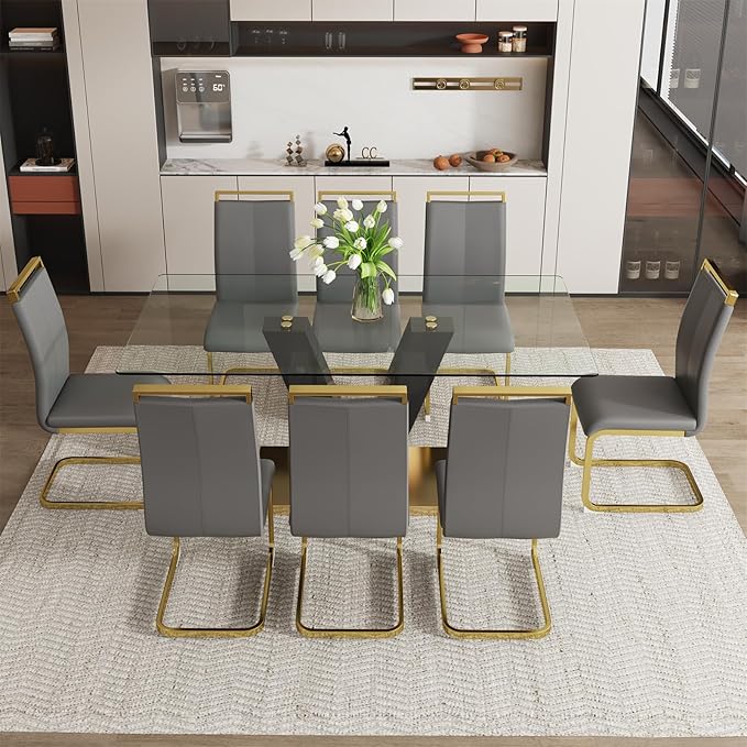 Glass Dining Table Set for 8, Modern Dining Table Set for 8, 71" Dining Tables and Chair Set for 8, Dining Room Table Set for 8