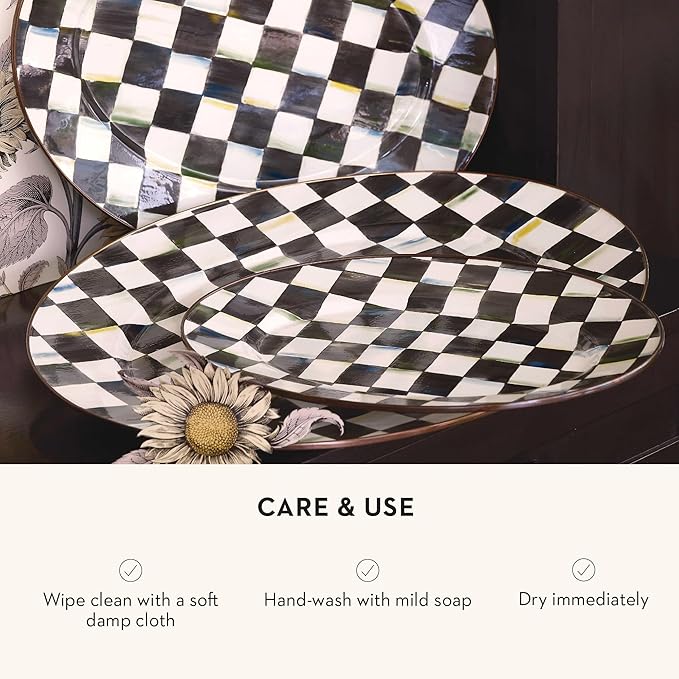 MACKENZIE-CHILDS Enamel Oval Platter, Serving Plate for Entertaining, Large, Black-and-White Courtly Check