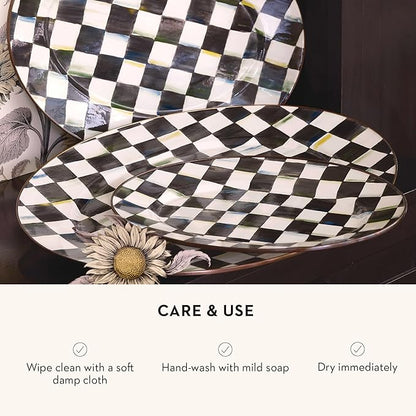 MACKENZIE-CHILDS Enamel Oval Platter, Serving Plate for Entertaining, Large, Black-and-White Courtly Check