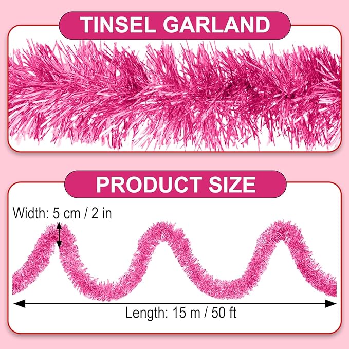 50 Feet Pink Christmas Tinsel Garland, Metallic Foil Twist Garland Wall Hanging Tinsel Banner Backdrop for Parade Floats, Easter, Mother's Day, Wedding Party Decorations (2in x 50ft)
