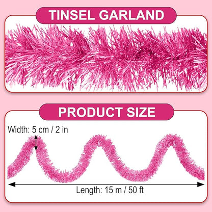 50 Feet Pink Christmas Tinsel Garland, Metallic Foil Twist Garland Wall Hanging Tinsel Banner Backdrop for Parade Floats, Easter, Mother's Day, Wedding Party Decorations (2in x 50ft)