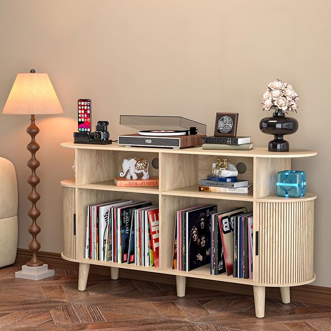Large Round Record Player Stand with Charging Station & USB Ports，Record Storage Cabinet, Mid Century Modern Turntable Stand Console for Bedroom Living Room (Oak)