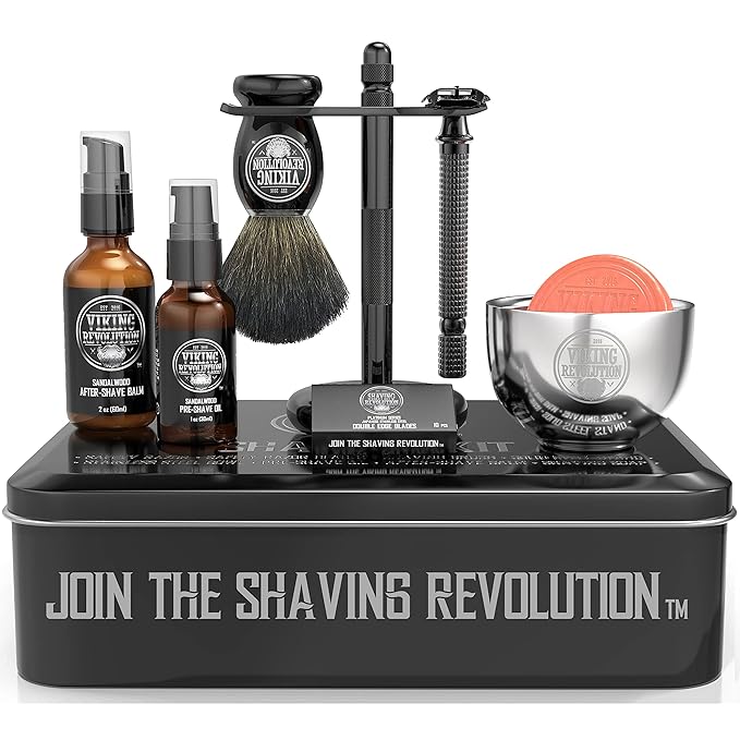 Viking Revolution Luxury Safety Razor Shaving Kit - Includes Double Edge Safety Razor, Stand, After-Shave Balm, Pre-Shave Oil, Badger Brush - Safety Razor Kit