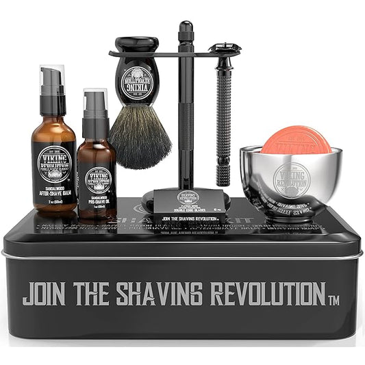 Viking Revolution Luxury Safety Razor Shaving Kit - Includes Double Edge Safety Razor, Stand, After-Shave Balm, Pre-Shave Oil, Badger Brush - Safety Razor Kit