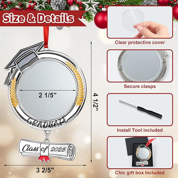 COCHIE Metal Class of 2025 Picture Frame Ornaments for Tree Stocking Decorations, Personalized Xmas Graduation Photo Frame Ornament Keepsake, Christmas Graduate Gifts Ideas