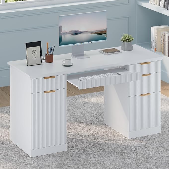 FURSUN 58" Fluted Modern Desk with Storage, Home Office Desk with 1 File Cabinet & 5 Drawers, Wood Executive Computer Writing Desk for Study, Living Room, Bedroom, White