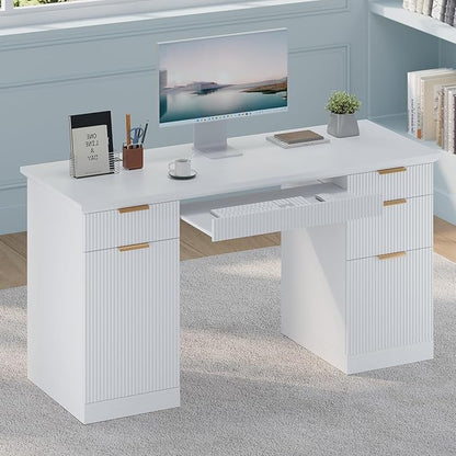 FURSUN 58" Fluted Modern Desk with Storage, Home Office Desk with 1 File Cabinet & 5 Drawers, Wood Executive Computer Writing Desk for Study, Living Room, Bedroom, White