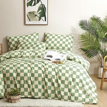 Pureant Green White Plaid Comforter Sets Twin Women Men Sage Green Checkerboard Grid Bedding Comforters Cotton Boys Girls Modern Grass Green and White Checkered Geometric Quilts Luxury Abstract Bed