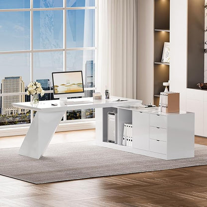 homary 70.9" Modern L-Shape Executive Desk, Home Office Desk with Drawers & Cabinet Modern Computer Desk for Home Business Furniture, White, Right Hand