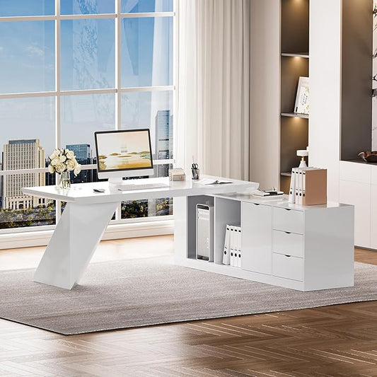 homary 70.9" Modern L-Shape Executive Desk, Home Office Desk with Drawers & Cabinet Modern Computer Desk for Home Business Furniture, White, Right Hand