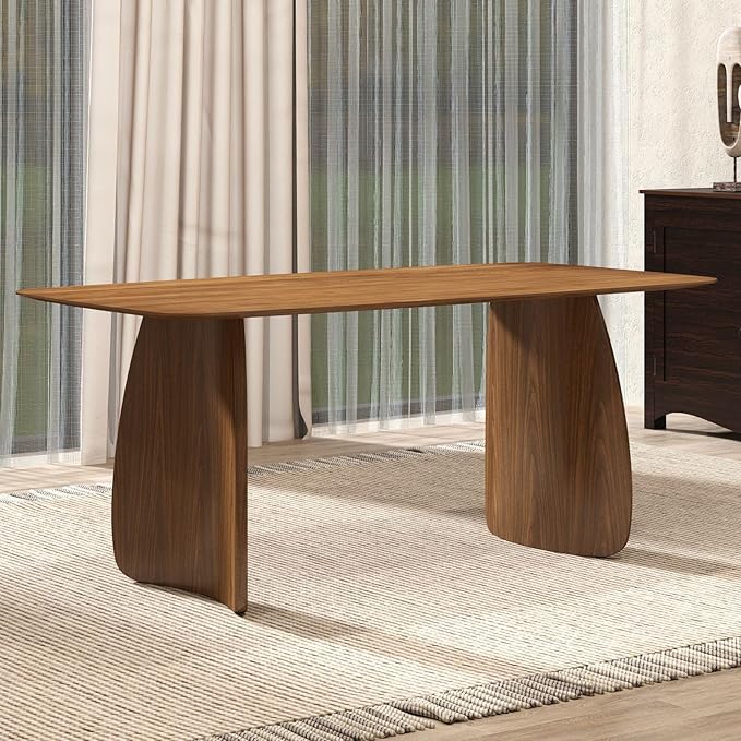 LukeAlon Modern Wooden Dining Table for 6 to 8 People, 71" Large Kitchen Dining Table with Wood Pedestal Base Mid Century Walnut Rectangular Long Dinner Table for Home Dining Room Restaurant, Brown