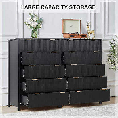 5 Drawer Double Dresser for Bedroom, Modern Wide Chest of Drawers with Fluted Panel Design,Wood Storage Dressers Chest of Drawers for Bedroom Living Room Hallway Closet,Black,2 Sets