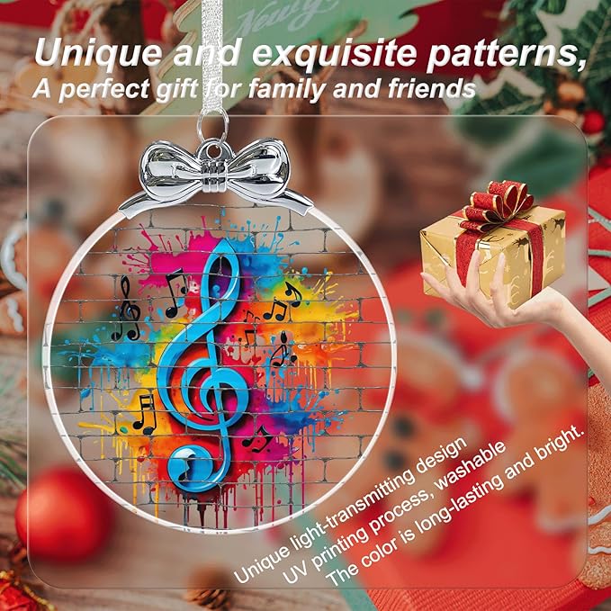 Musical Note Stained Glass Ornament - Musician Gifts for Women Men Friends Teachers - Hanging Christmas Ornaments for Christmas Tree Decorations, Holiday Keepsake Present Exchange Ideas