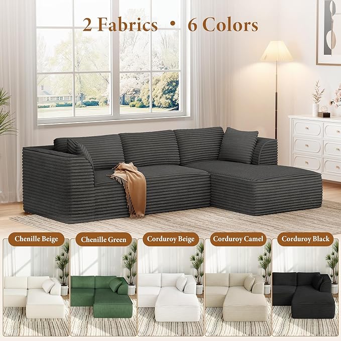 Vesgantti 106" Modular Sectional Sofa with Chaise, Deep Seat Comfy Cloud  Corduroy L Shaped Sofa Sectional for Living Room Bedroom, No Assembly Required (Grey, Right-Facing Chaise)
