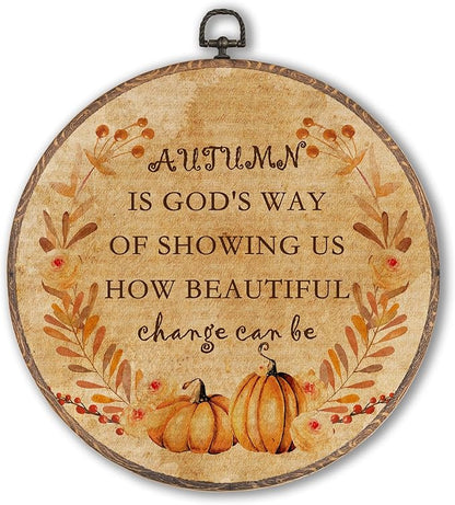 Hxlac Vintage Autumn Round Wall Art Framed, Farmhouse Fall Pumpkin Round Wall Decor, Autumn Is God's Way Thanksgiving Hanging Canvas Prints Wall Sculptures for Home Room Bedroom Decor, 10x10 Inch