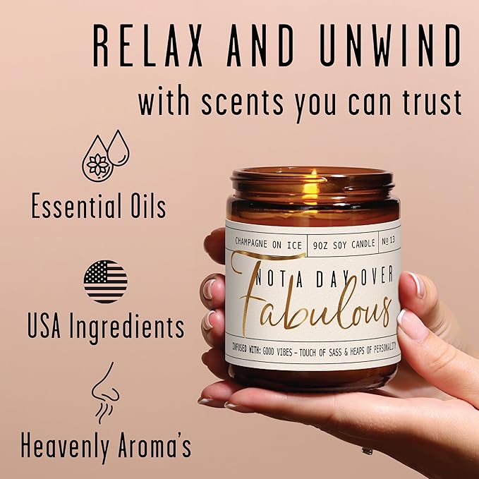 Birthday Gifts for Women Friendship -'Not a Day Over Fabulous' Soy Candle, w/Champagne on Ice I 40th 50th 60th 70th Happy Birthday Gifts for Mom, Grandma, Sister, Coworker, Aunt, Wife I Made in USA