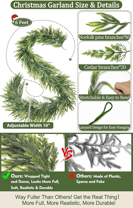 6Ft by 10 Inch Christmas Norfolk Pine Garland-Real Touch Garlands with Norfolk Pine&Cedar Branches,Realistic Soft Thick Artificial Faux Greenery Garland for Christmas Decorations Mantle Indoor Outdoor
